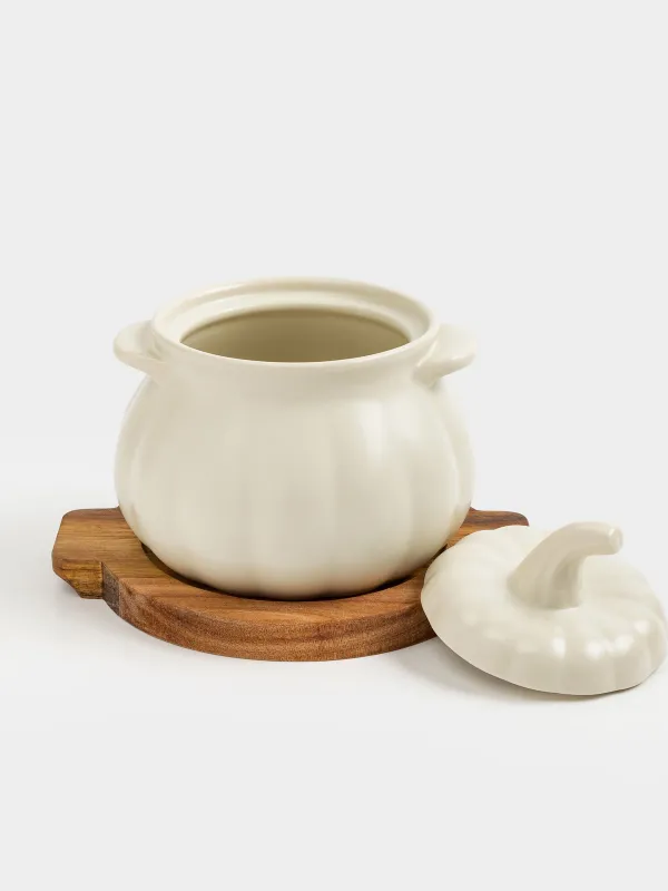 Кокотница, 13 см, 530 мл, с крышкой, на подставке, керамика/дерево, кремовая, Тыква, Gourd, image-2