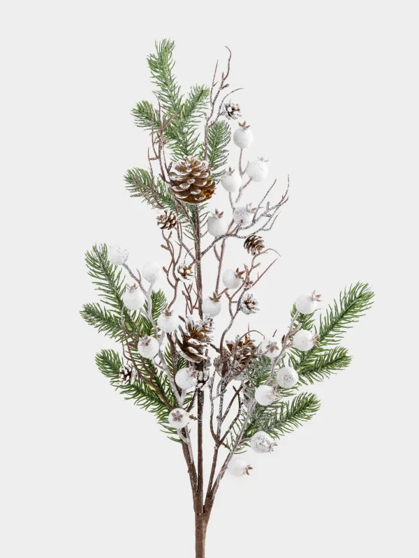 Ветка декоративная, 73 см, Белые ягоды и шишки, White berry, image-1