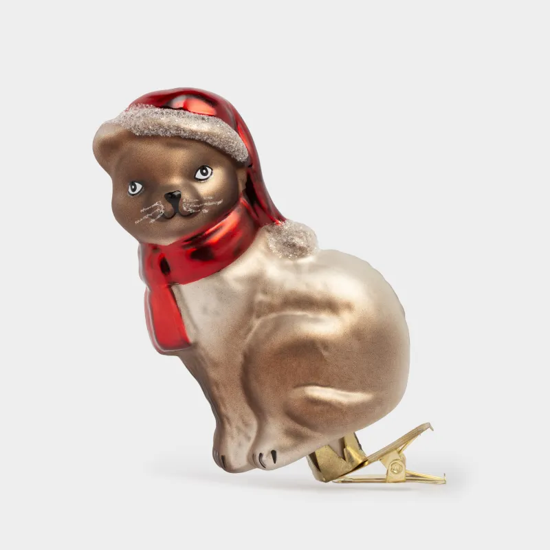 Игрушка елочная, 9 см, на клипсе, стекло, бронзовая, Кот в шарфике, Figure christmas
