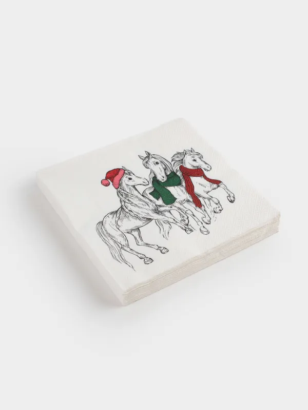 Салфетки бумажные, 33х33 см, 20 шт, квадратные, белые, Лошади в шарфах, Horse trio, image-1