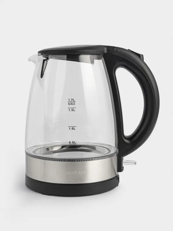 Чайник электрический, 1,7 л, 1850-2200 Вт, стекло Б/пластик, с подсветкой, черный, Progress plus, image-0