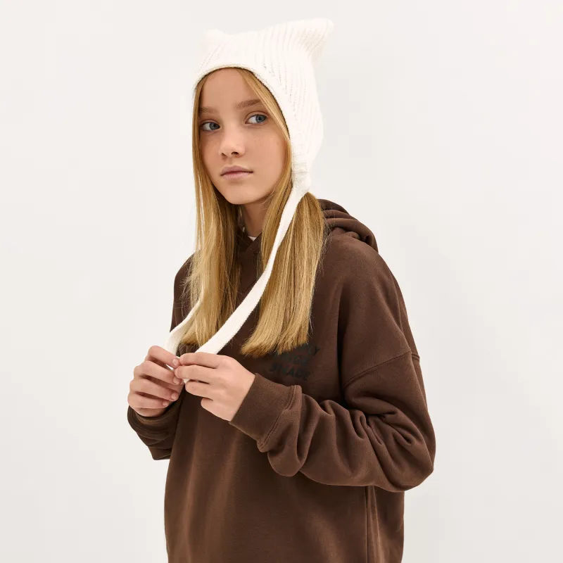 Шапка детская, единый размер, с завязками, вискоза/полиэстер/нейлон, экрю, Ушки, Knitting