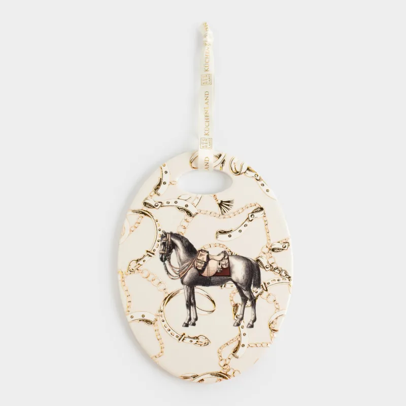 Подставка под горячее, 15x20 см, керамика/пробка, овальная, Лошадь в амуниции, Horse silver