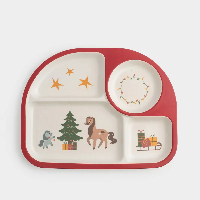 Тарелка обеденная, детская, 27х21 см, 4 отд, бамбук, красная, Лошадки с елкой, Little horse