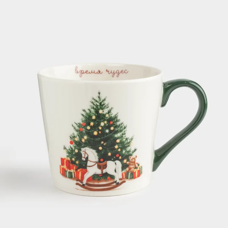 Кружка, 450 мл, фарфор N, бело-зеленая, Лошадка с елкой, Horse christmas