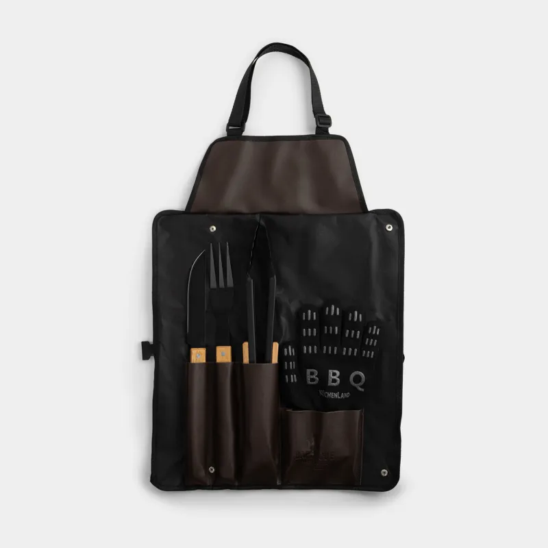 Набор для барбекю, 4 пр, в фартуке, сталь/каучуковое дерево, черный/коричневый, BBQ