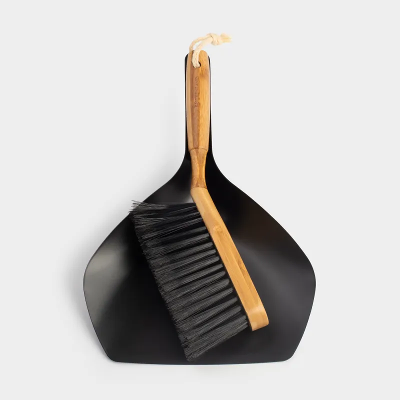 Щетка для мусора, с совком, 33 см, пластик/бамбук/сталь, черная, Black clean