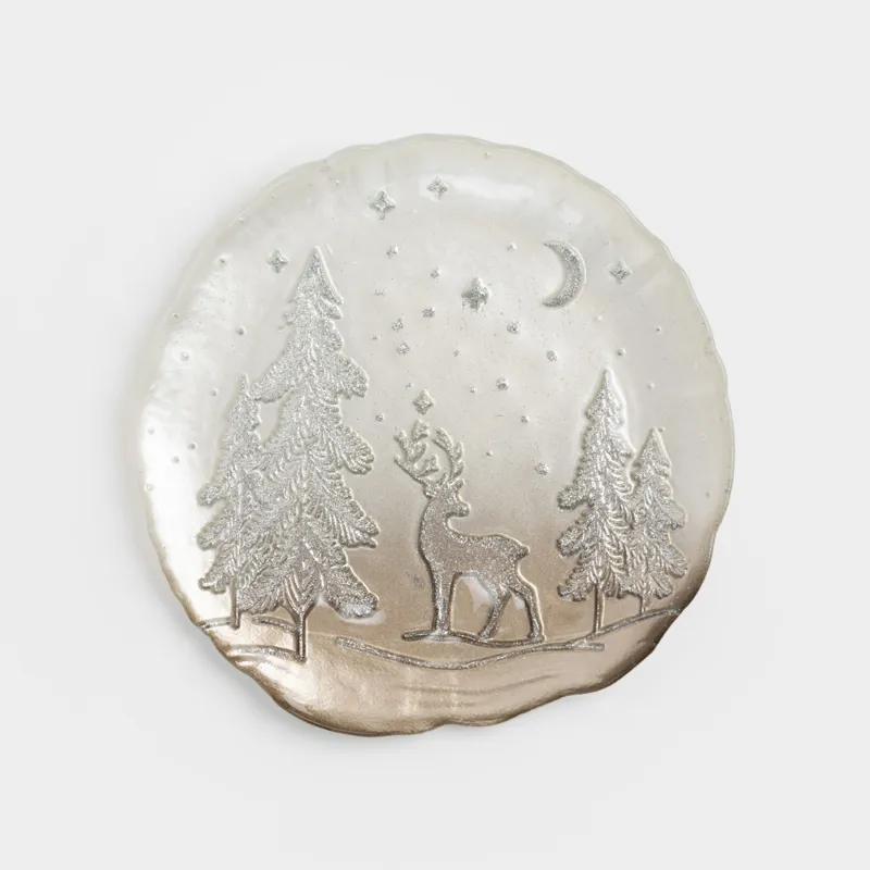 Блюдо, 20х2 см, стекло, молочно-бронзовое, Олень в лесу, Brumal