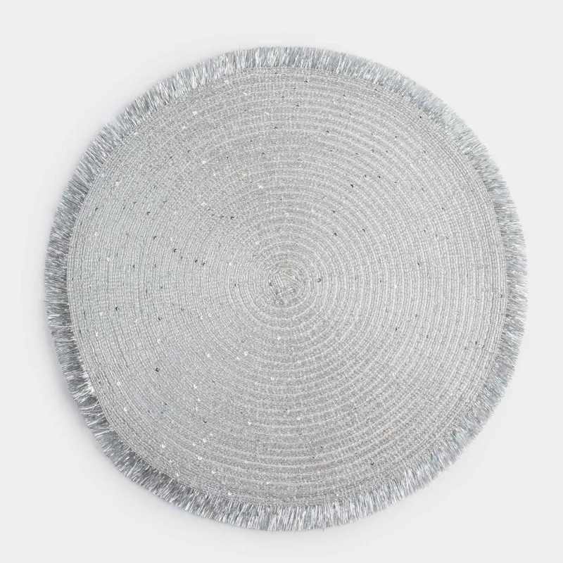 Салфетка под приборы, 38 см, с бахромой и пайетками, полиэстер, круглая, серебристая, Rotary shine