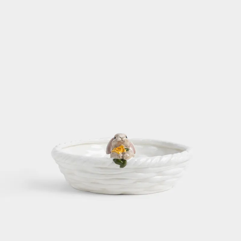 Блюдо глубокое, 26х7 см, керамика D, молочно-бежевое, Кролик с цветком в корзине, Rabbit in narcis