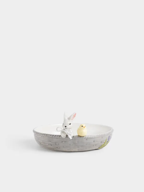 Блюдо глубокое, 26х6 см, керамика D, молочно-серое, Кролик и цыпленок в корзине, Easter, image-0