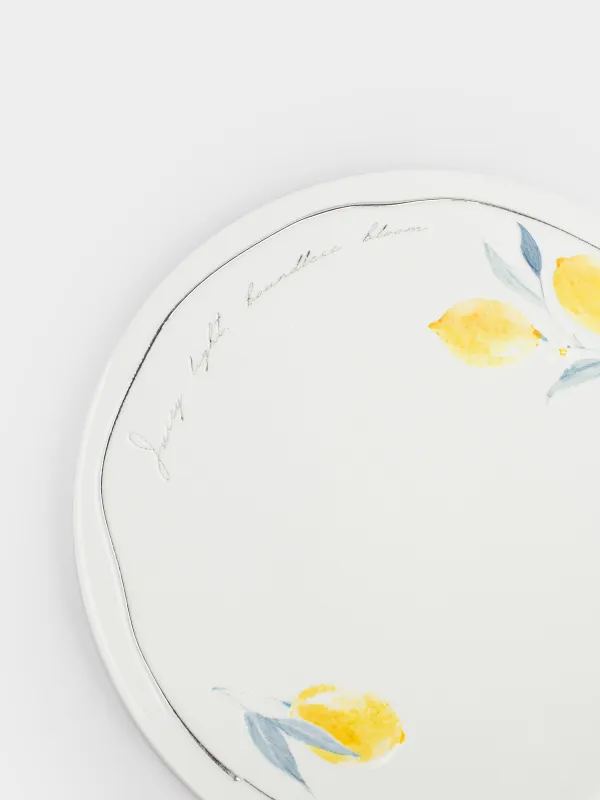 Подставка под горячее, 20 см, керамика/пробка, круглая, белая, Лимоны и листья, Sicily, image-1