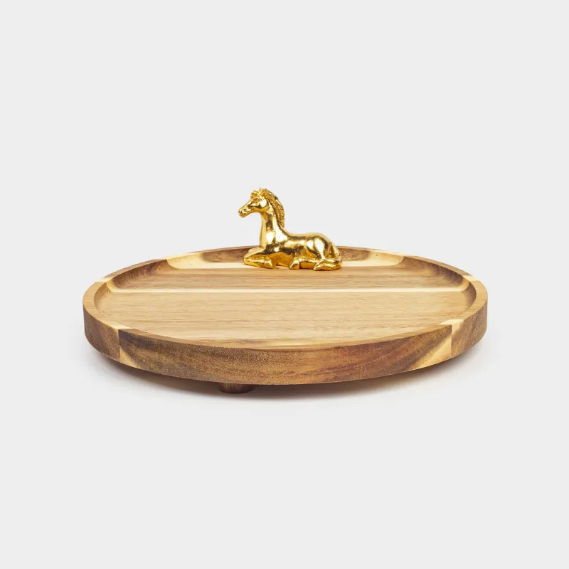 Блюдо сервировочное, 25х10 см, на ножках, дерево/полирезин, круглое, Золотистый конь, Noble tree