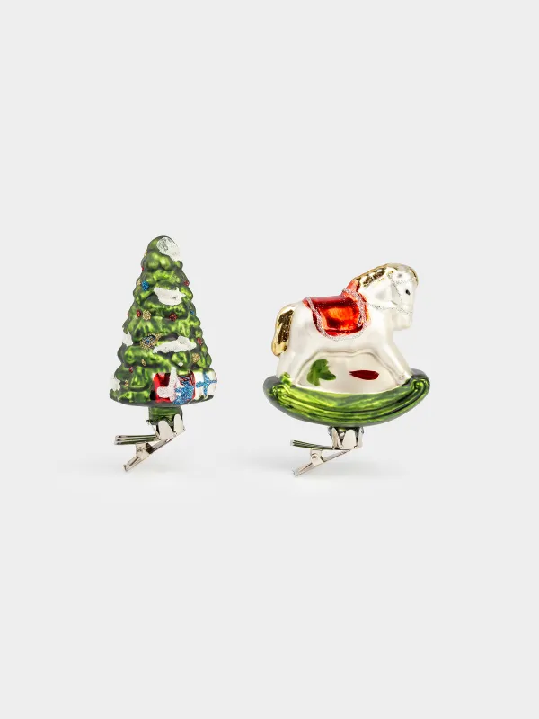 Набор елочных игрушек, 7 см, 2 шт, на клипсе, стекло, Лошадь и ель, Figure christmas, image-0
