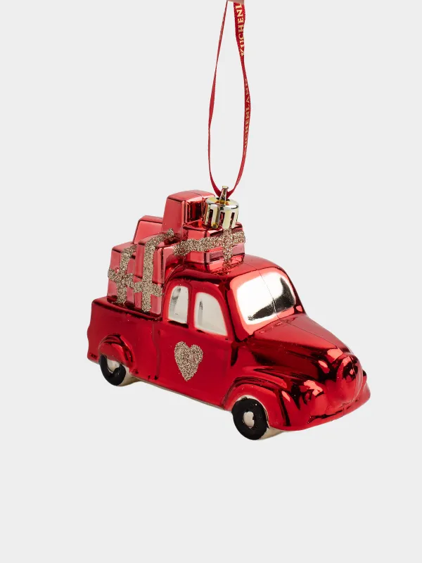 Игрушка елочная, 11 см, пластик, с блестками, красная, Машинка с сердечком, Figure christmas, image-1