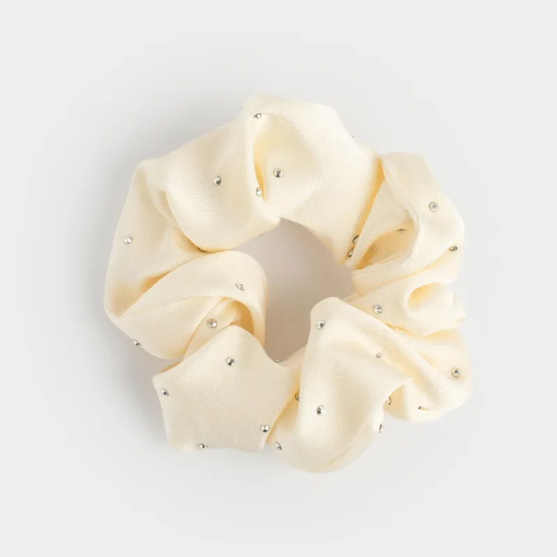 Резинка для волос, 8 см, со стразами, полиэстер, молочная, Silk