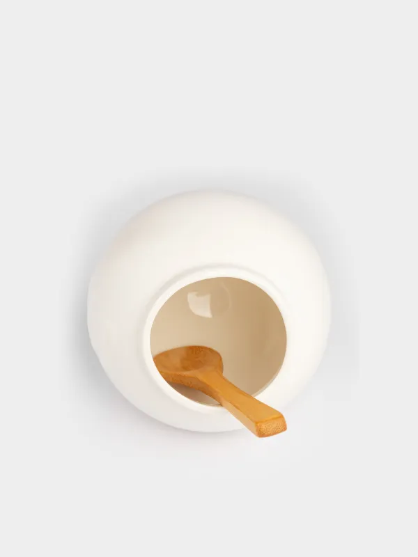 Емкость для соли, 11 см, с ложкой, фарфор P/дерево, белая, Grace, image-3