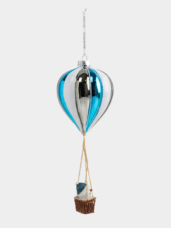 Игрушка елочная, 25 см, стекло, бело-голубая, Снеговик на воздушном шаре, Figure christmas, image-1