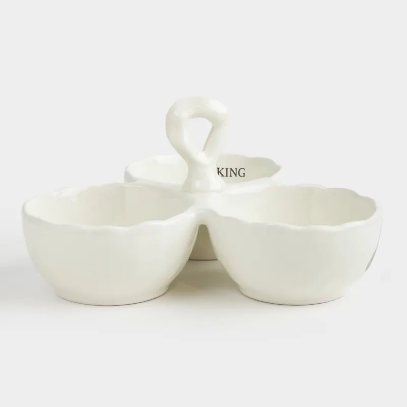 Менажница, с декором, 19х11 см, 3 отд, с ручкой, керамика, молочная, Crumple font