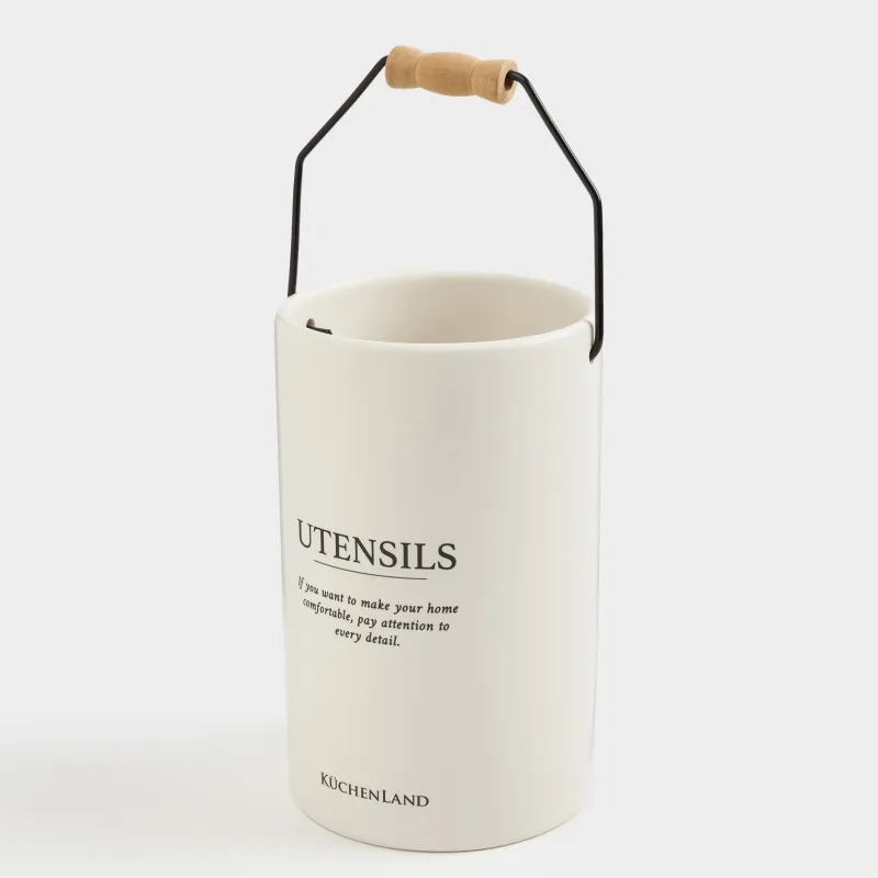 Подставка для кухонных принадлежностей, 17 см, с ручкой, керамика/металл, молочная, Course, image-2