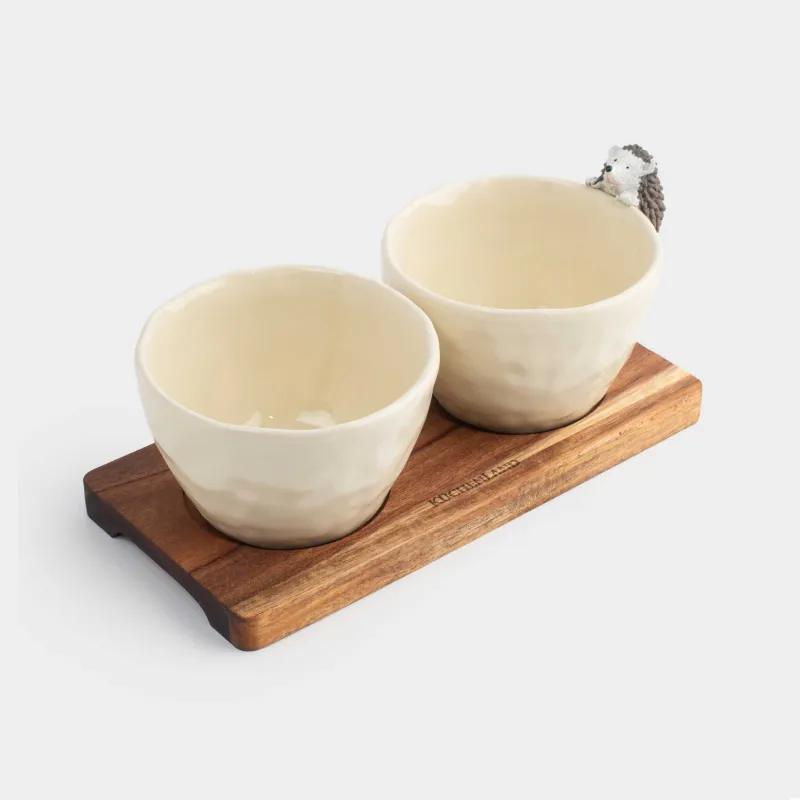 Набор для закусок, 2 пр, на подставке, фарфор P/дерево, молочный, Еж, Noble tree