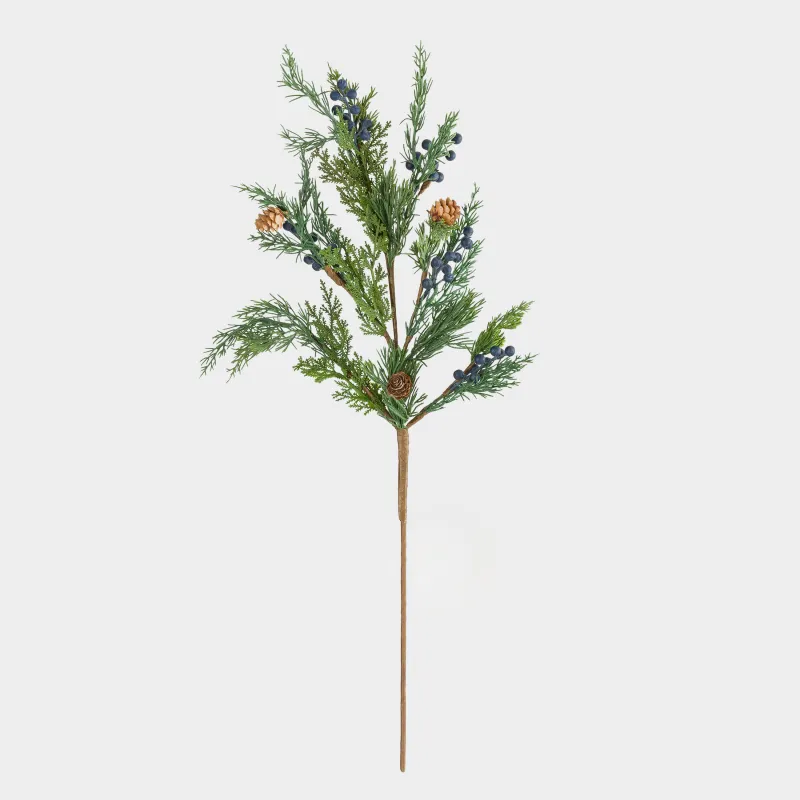 Ветка декоративная, 84 см, полиэтилен/пенопласт, Хвоя с синими ягодами и шишками, Blue berry, image-0