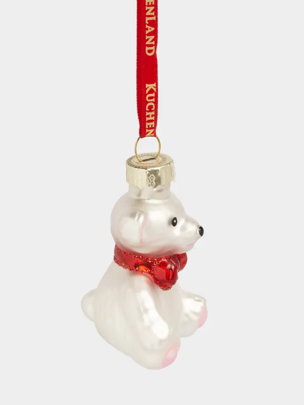 Игрушка елочная, 4 см, стекло, с блестками, белая, Медведь с бантиком, Figure christmas, image-1