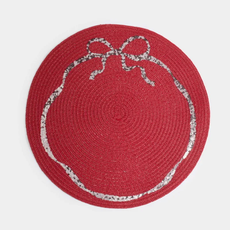 Салфетка под приборы, 38 см, с пайетками, полиэстер/пластик, круглая, красная, Бант, Rotary