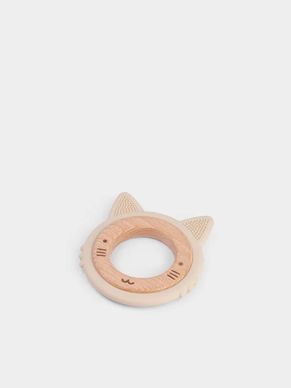 Игрушка-прорезыватель, 9х8 см, силикон/дерево, бежевая, Котик, Kiddy, image-2