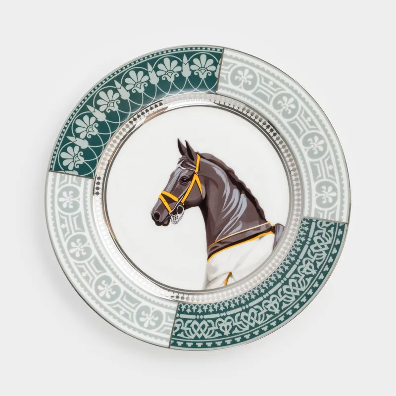 Тарелка закусочная, 21 см, фарфор F, бело-зеленая, с серебристым кантом, Конь, Breton horse