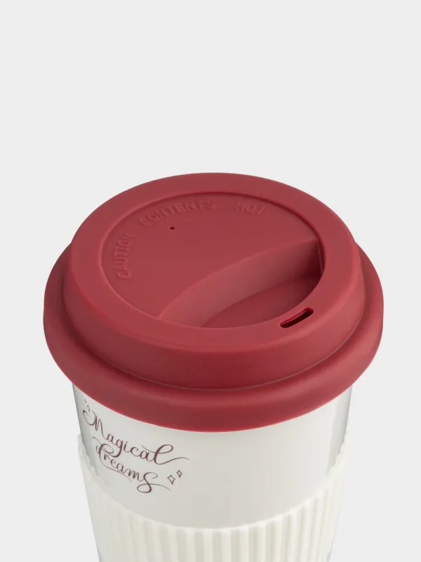 Стакан, 15 см, 430 мл, с крышкой и зарфом, фарфор N/силикон, молочно-бордовый, Magic moments, image-3