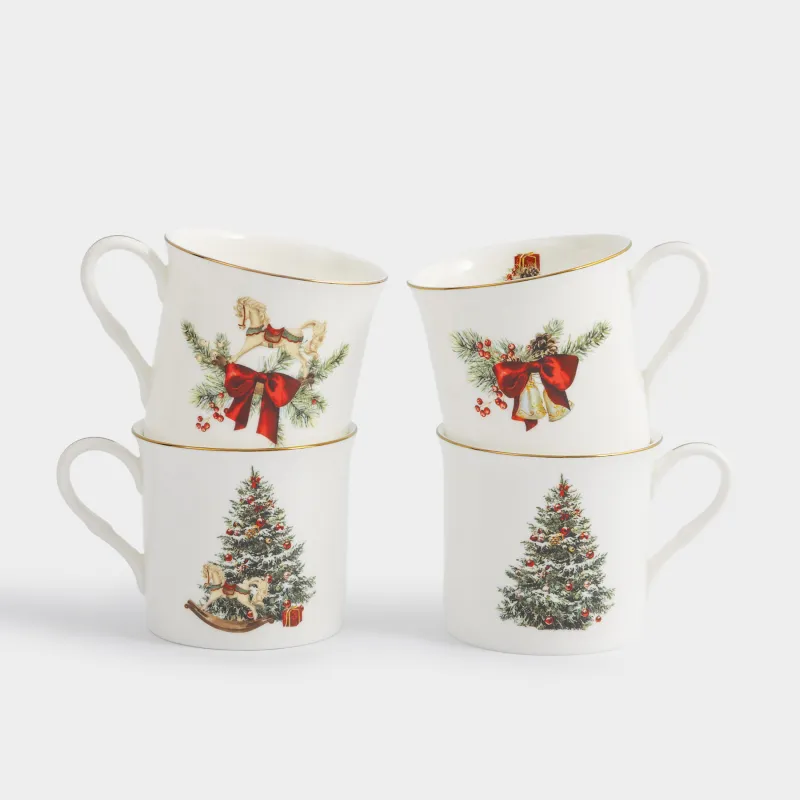 Кружка, 300 мл, 4 шт, фарфор F, белая, Микс, Christmas miracle classic