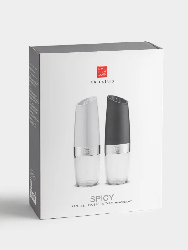 Мельница для специй, 20 см, 2 шт, гравитационная, пластик/акрил, LED W, черная/белая, Spicy, image-5