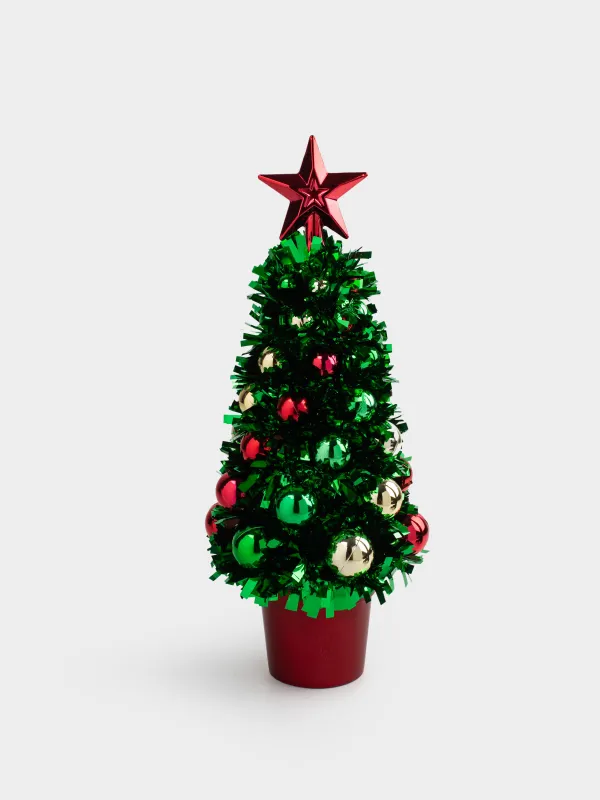 Ель искусственная, 29 см, мишура/пластик, зеленая, Ель с шарами, Tinsel christmas, image-0