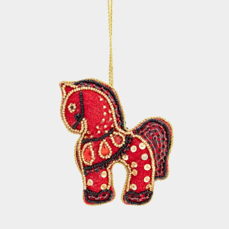 Игрушка елочная, 10 см, бисер/полифилл, красно-золотистая, Лошадка, Beads figure