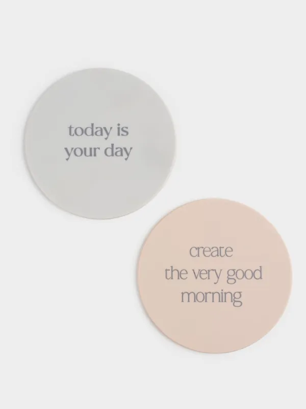 Подставка под кружку, 10 см, 2 шт, круглая, силикон, бежевая/серая, Good morning, Scroll, image-1