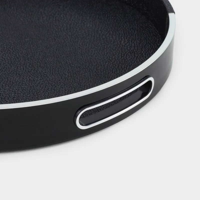 Поднос, 34 см, искусственная кожа/пластик, круглый, черно-серебристый, Leather trend, image-5