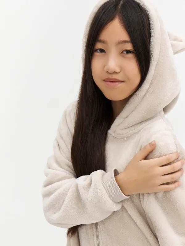 Комбинезон детский, домашний, с капюшоном, флис, бежевый, Кот, Annie, image-4