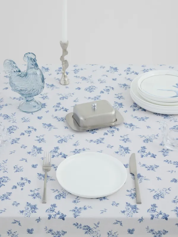 Скатерть, 170х250 см, полиэстер/хлопок, с рюшами, белая, Синие цветы, Blue flowers, image-1