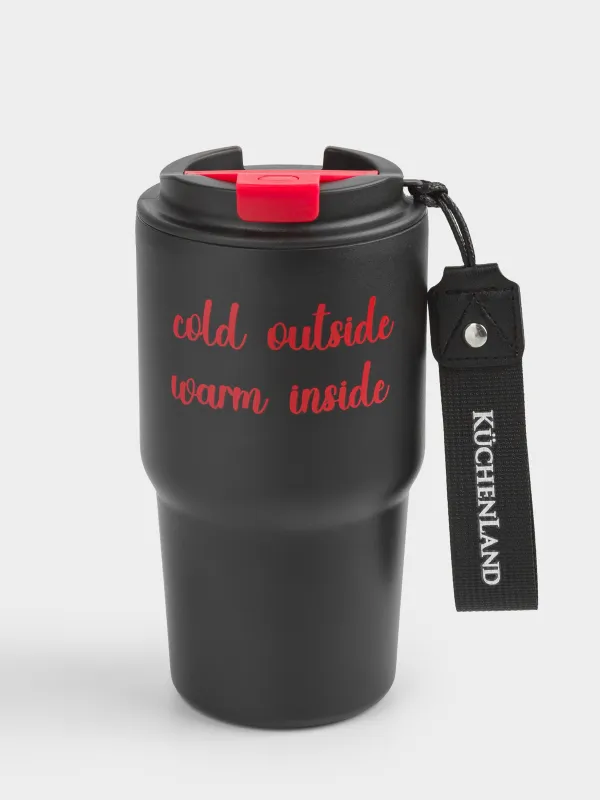 Термокружка, 600 мл, с ремешком, сталь/пластик/текстиль, черно-красная, Story, image-0