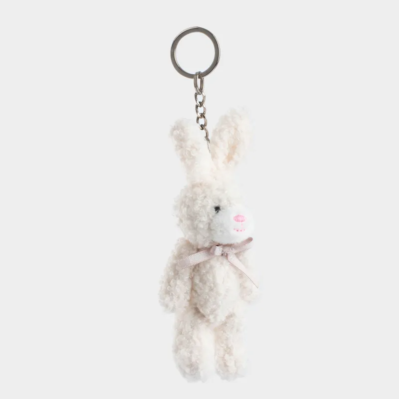 Брелок, 14 см, мягкий, с двигающимися лапами, букле/металл, молочный, Зайка с бантом, Rabbit, image-1