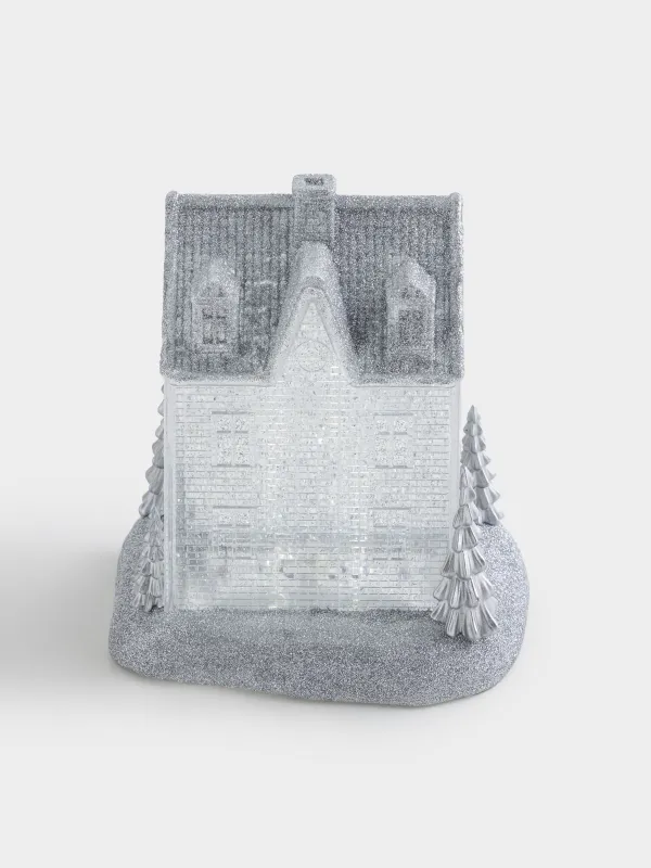 Снежный фонарь, 24 см, с подсветкой, пластик, серебристый, Сияющий дом с елками, Silver style, image-0