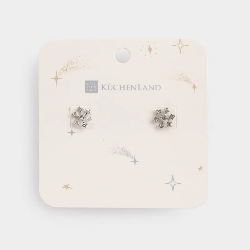 Серьги-пусеты, 1 см, 2 шт, металл/стразы, серебристые, Снежинка, Rime, image-2