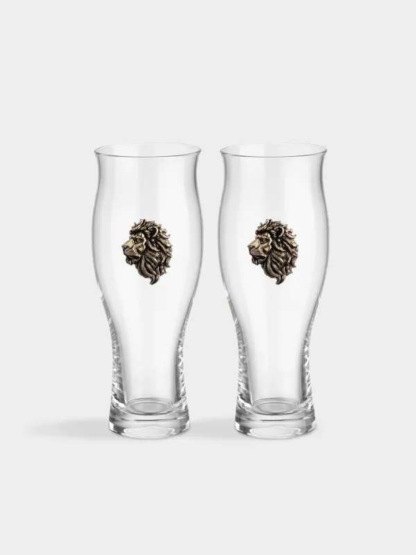 Стакан для пива, 17 см, 600 мл, 2 шт, стекло/металл, Золотистый лев, Lux elements, image-0