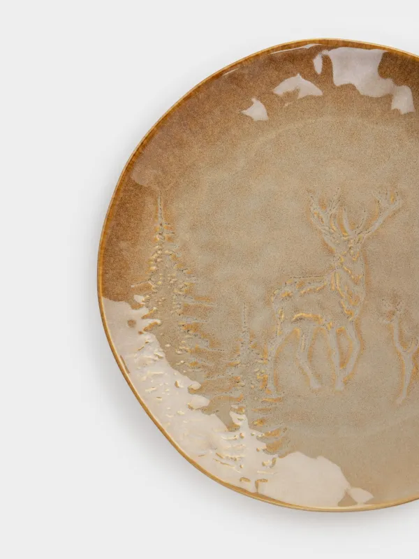 Тарелка обеденная, 27 см, керамика, коричнево-бежевая, Олени в лесу, Snowy forest, image-2