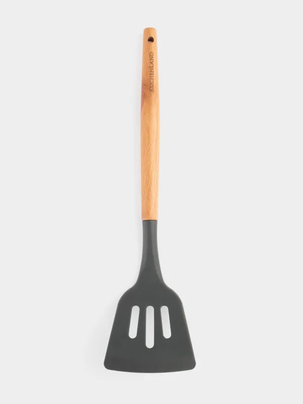 Лопатка, 32 см, с прорезями, силикон/дерево, серая, Weekend, image-0