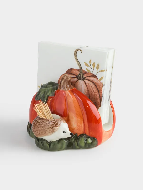 Салфетница, 12 см, с отделением для зубочисток, керамика, Еж с тыквой, Forest symphony, image-4