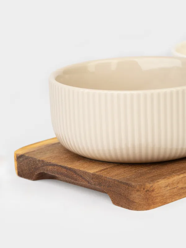 Набор для закусок, 3 пр, на подставке, керамика K/дерево, микс, Ребристые пиалы, Noble tree, image-4