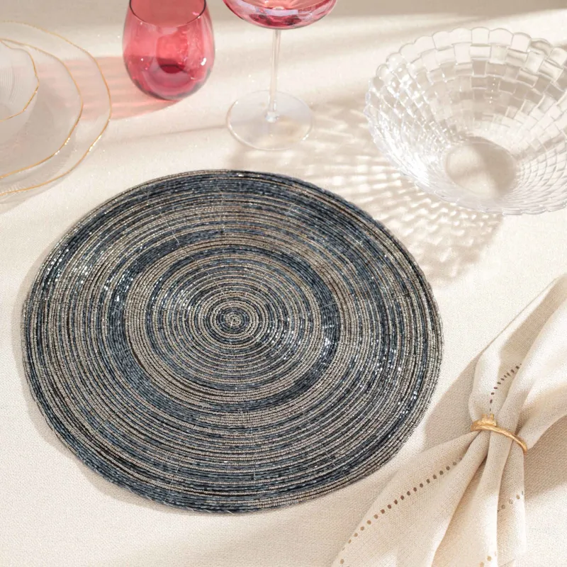Салфетка под приборы, 36 см, бисер, круглая, серебристо-синяя, Спираль, Rotation beads, image-2