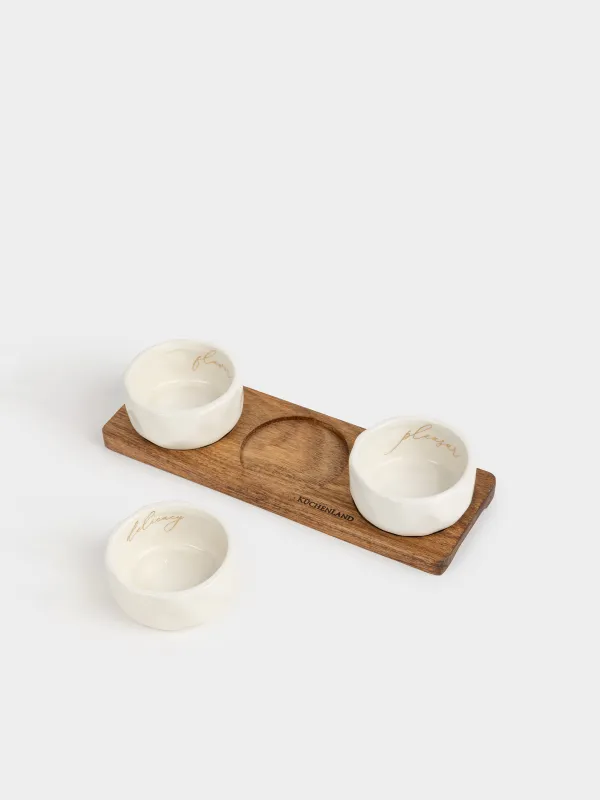 Набор для закусок, 3 пр, на подставке, керамика D/дерево, молочный, Мятый эффект, Crumple kitchen, image-3